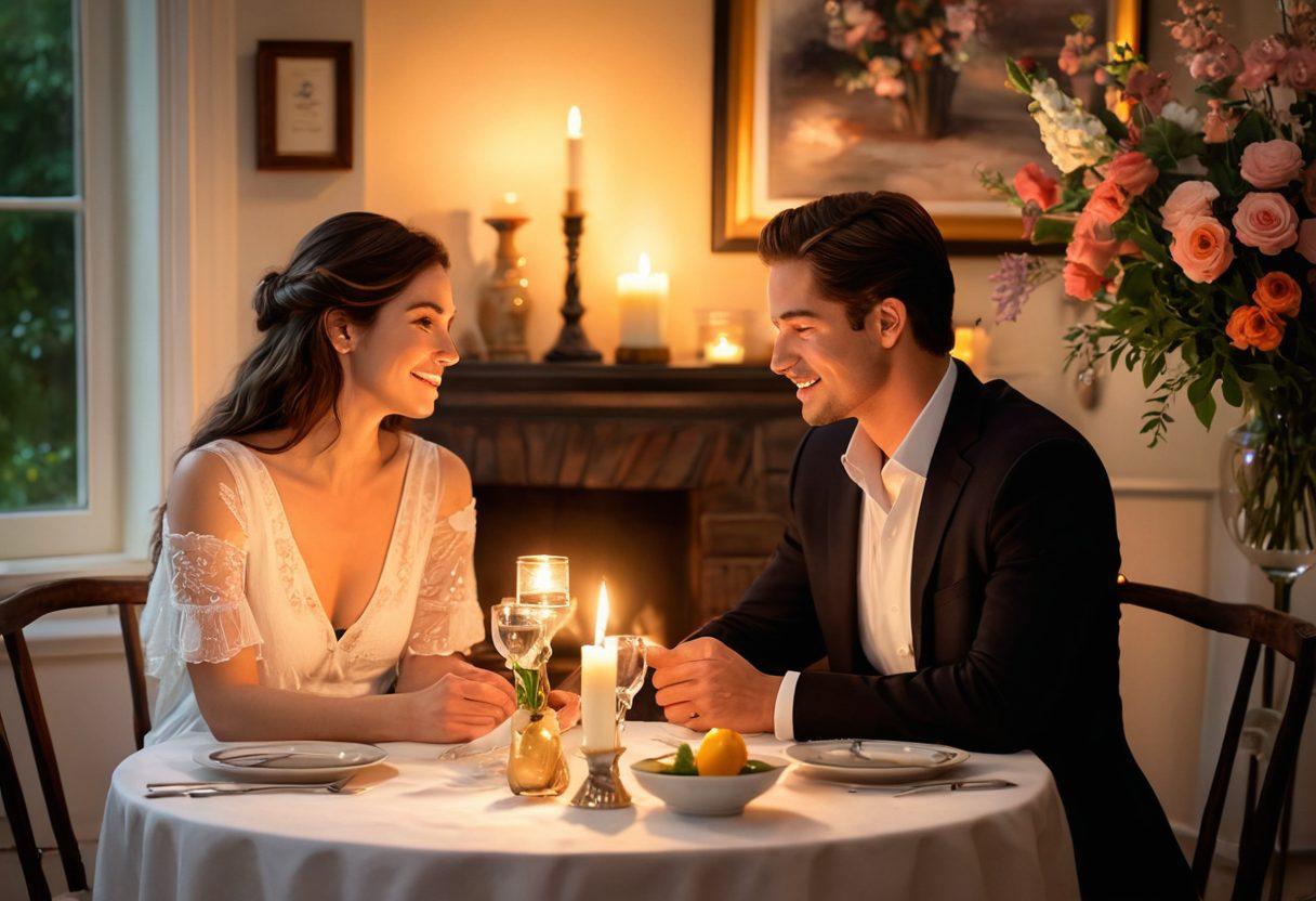 A warm, intimate setting featuring a couple sharing a cozy moment together, surrounded by soft candlelight and flowers. Their expressions convey deep affection and connection, highlighting the essence of romance. Include elements like a beautifully set dinner table and gentle shadows to enhance the atmosphere. soft focus. romantic colors. oil painting.