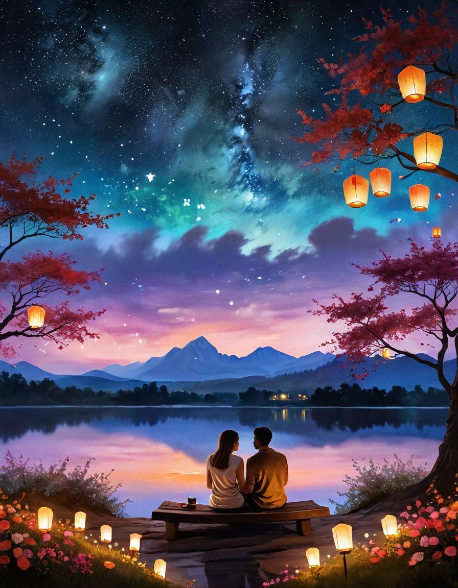 A serene scene depicting a couple sitting together under a vast, starlit sky, sharing a moment of deep connection. Surround them with glowing lanterns and colorful flowers symbolizing love and harmony. Soft, warm colors should set a tranquil mood while capturing their joyful expressions. Include subtle details like intertwined fingers and hearts in the background. dreamy, romantic style. vibrant colors.