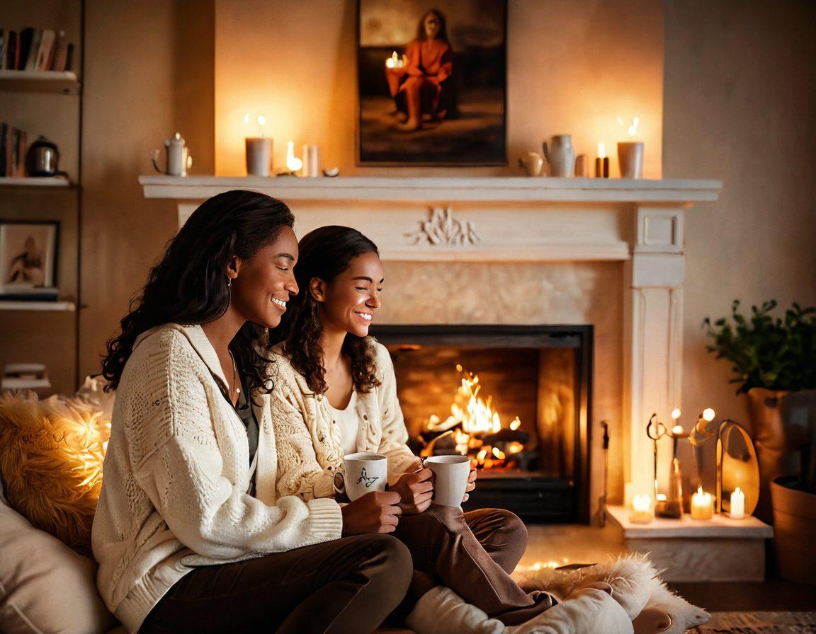 A cozy scene of two people sitting by a fireplace, sharing a warm drink, surrounded by soft lighting and comfortable cushions. Their expressions convey deep connection and joy, with hearts subtly integrated into the flames of the fire. The room is adorned with intimate decor, symbolizing closeness and affection. super-realistic. warm tones. inviting atmosphere.